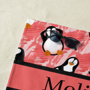 Cute tiled beach penguins add name towel