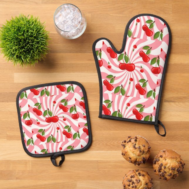 Cute tiled cherry pattern  oven mitt & pot holder set (Top Down)
