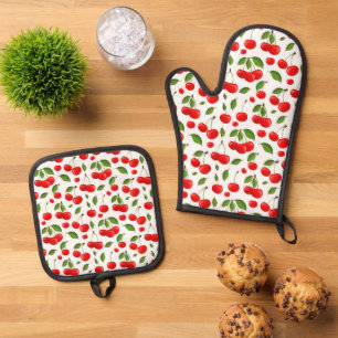 Cute tiled cherry pattern  oven mitt & pot holder set