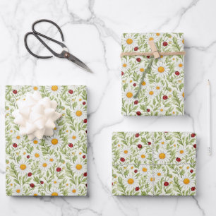 Cute tiled flowers lady bugs  wrapping paper sheet