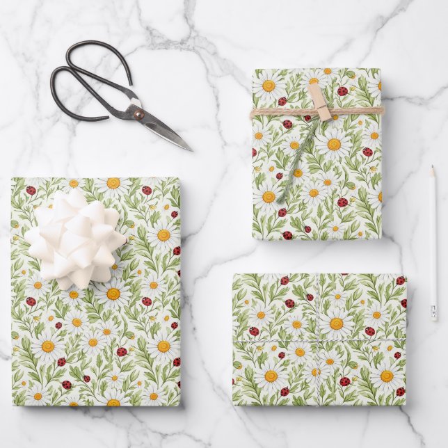 Cute tiled flowers lady bugs  wrapping paper sheet (Front)