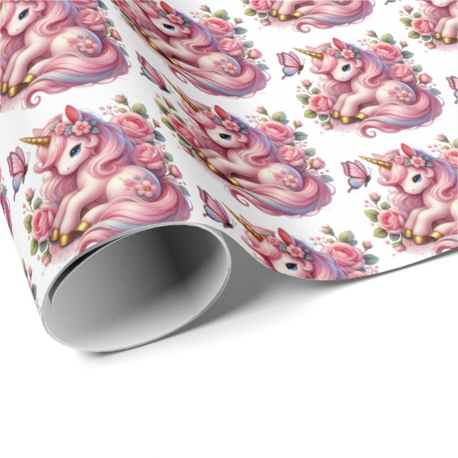Cute tiled girls unicorn party  wrapping paper (Roll Corner)