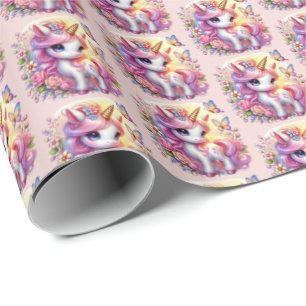Cute tiled girls unicorn party wrapping paper