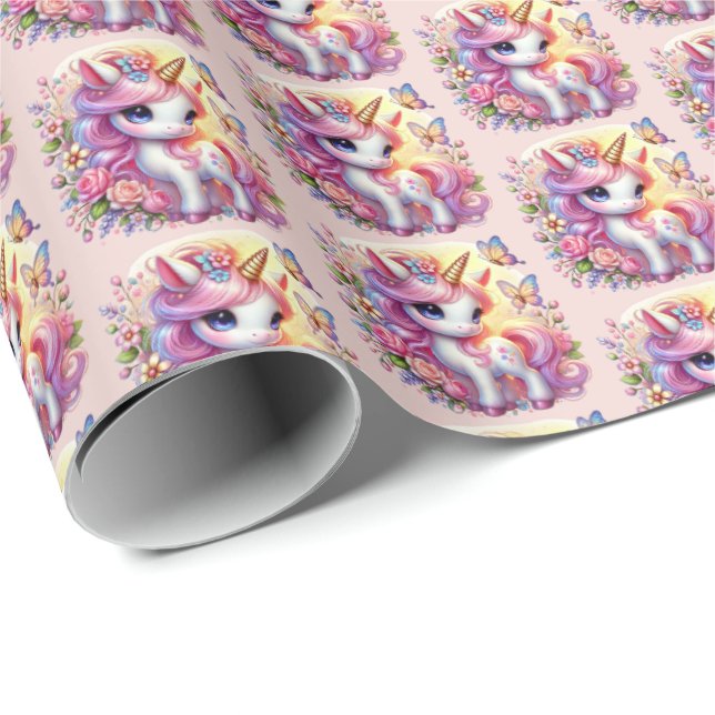 Cute tiled girls unicorn party  wrapping paper (Roll Corner)