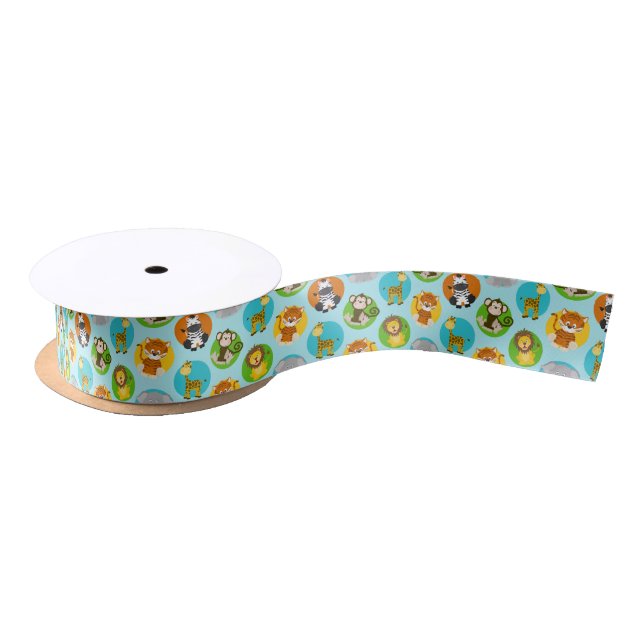 cute tiled jungle animals pattern party satin ribbon (Spool)