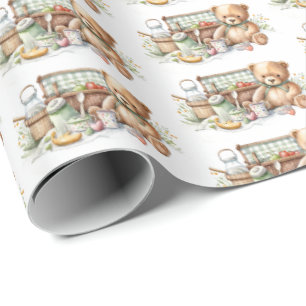 Cute tiled picnic bears party  wrapping paper