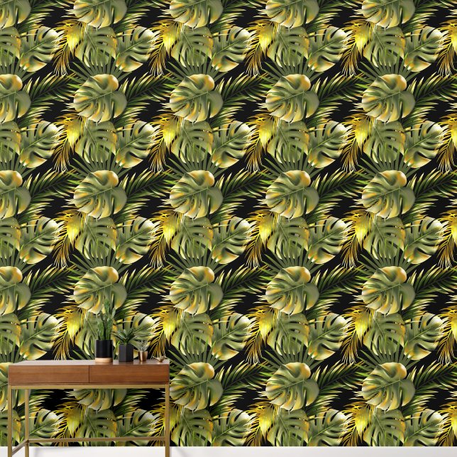Cute tiled tropical leaf pattern wallpaper (Hallway)