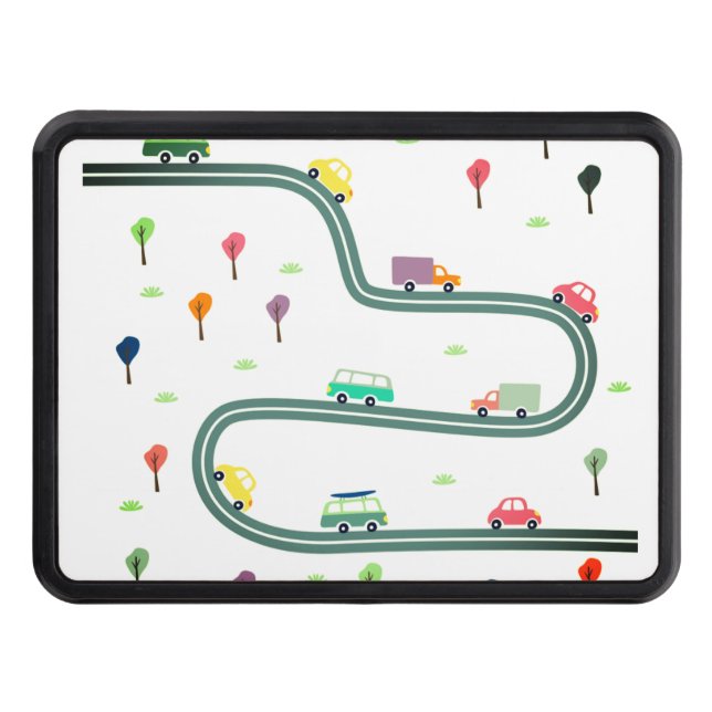 Cute Tiny Car Travelling on Roadway Trailer Hitch Cover (Front)
