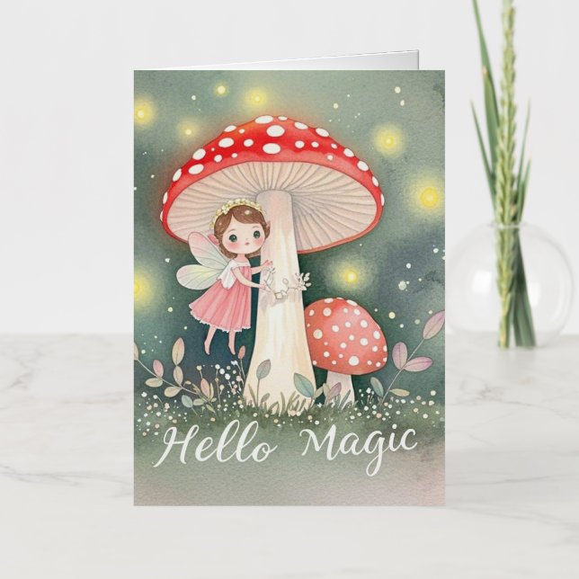 Cute Tiny fairy perched on top of mushroom Foil Greeting Card (Front)