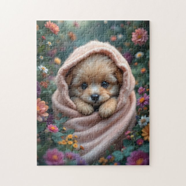 Cute, tiny, fluffy puppy surrounded by flowers jigsaw puzzle (Vertical)