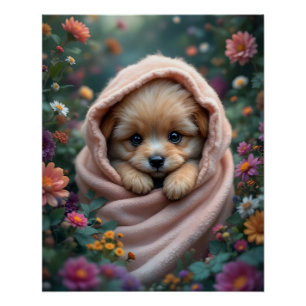 Cute, tiny, fluffy puppy surrounded by flowers poster