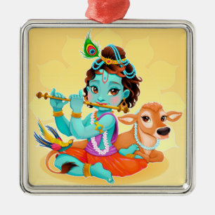 Cute Tiny Krishna & Cow Metal Ornament