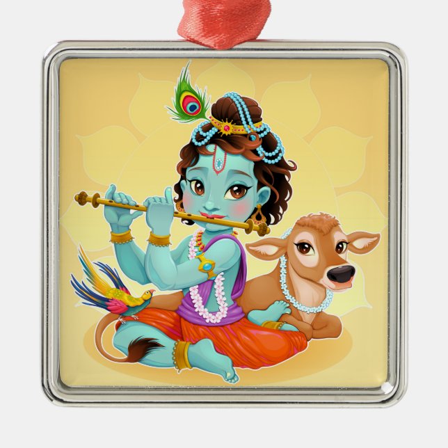 Cute Tiny Krishna & Cow Metal Ornament (Front)