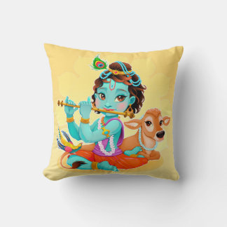 Cute Tiny Krishna & Cow Throw Pillow