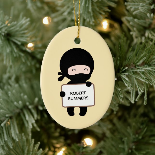 Cute Tiny Ninja Holding Sign, Custom Name Yellow Ceramic Ornament (Tree)