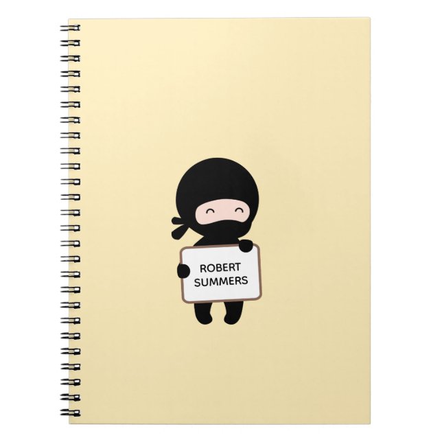 Cute Tiny Ninja Holding Sign on Yellow Custom Name Notebook (Front)