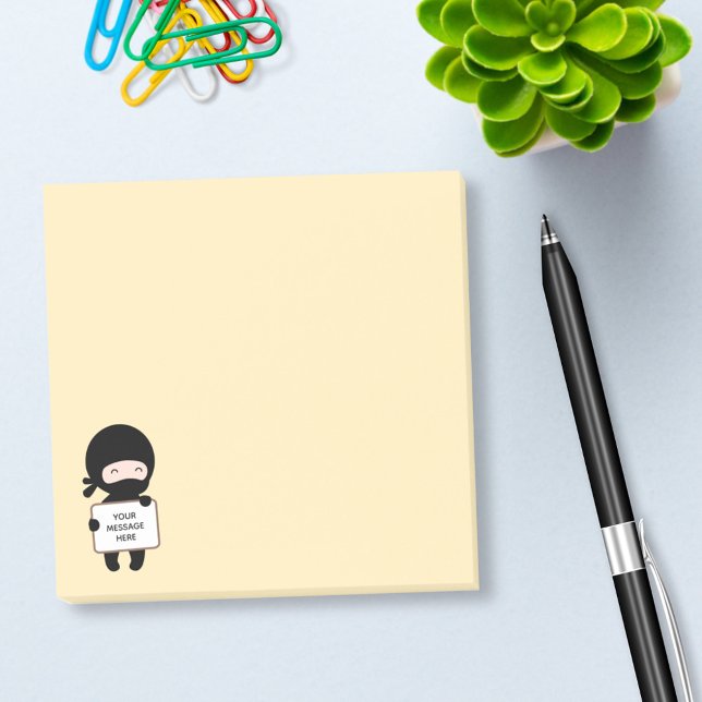 Cute Tiny Ninja Holding Sign on Yellow Custom Text Post-it Notes (Creator Uploaded)