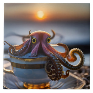  Cute tiny octopus in a teacup at sunrise Tile