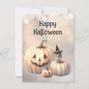 Cute Tiny Owl and Halloween Pumpkins Postcard