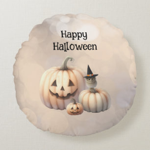 Cute Tiny Owl and Halloween Pumpkins Round Pillow