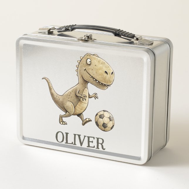 Cute Tiny Trex Playing Football Personalized Metal Lunch Box (Front)
