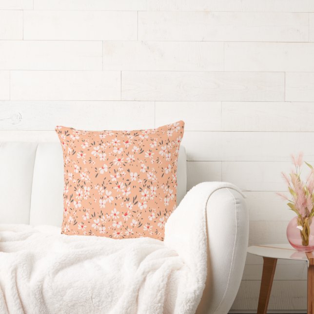 cute tiny white flower with red background throw pillow (Couch)