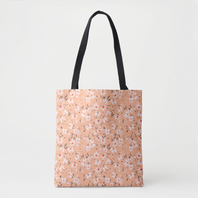 cute tiny white flower with red background tote bag (Front)