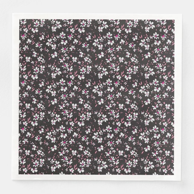 cute tiny white pink flower with black background napkin (Front)
