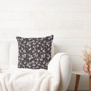 cute tiny white pink flower with black background throw pillow