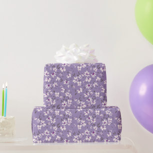 cute tiny white purple flower with blue background wrapping paper