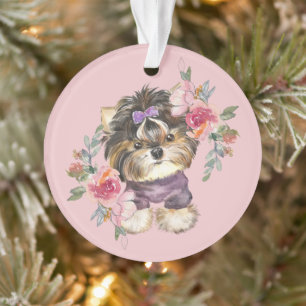 Cute Tiny Yorkie et Fleurs Aquarelle Art
