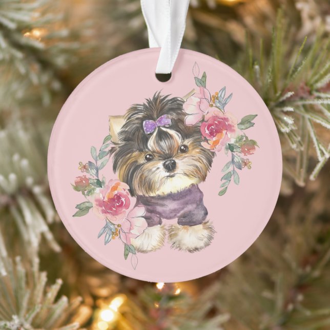 Cute Tiny Yorkie et Fleurs Aquarelle Art (Arbre)