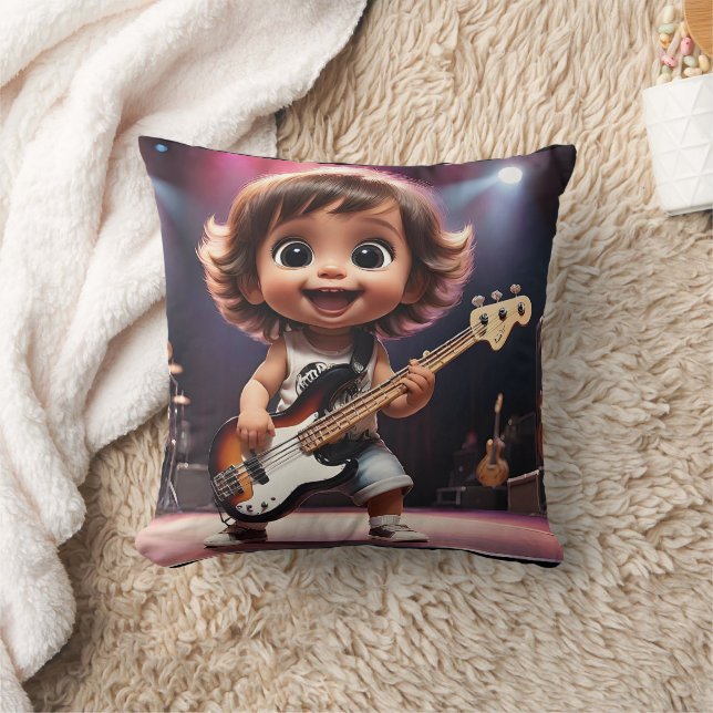 Cute Toddler Playing Bass Guitar Live in Concert Throw Pillow (Blanket)