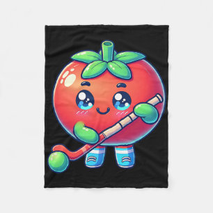 Cute Tomato Playing Field Hockey Cartoon  Fleece Blanket
