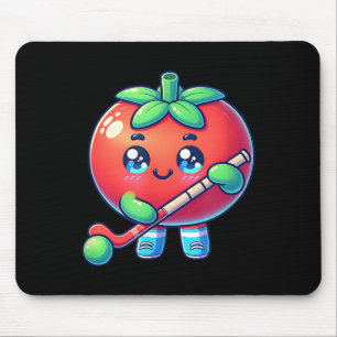 Cute Tomato Playing Field Hockey Cartoon Mouse Pad