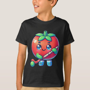 Cute Tomato Playing Field Hockey Cartoon  T-Shirt