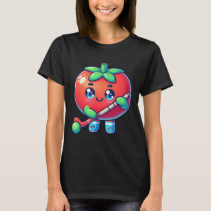 Cute Tomato Playing Field Hockey Cartoon T-Shirt