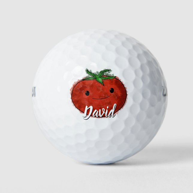 Cute Tomato Watercolor Custom Name Golf Balls (Front)