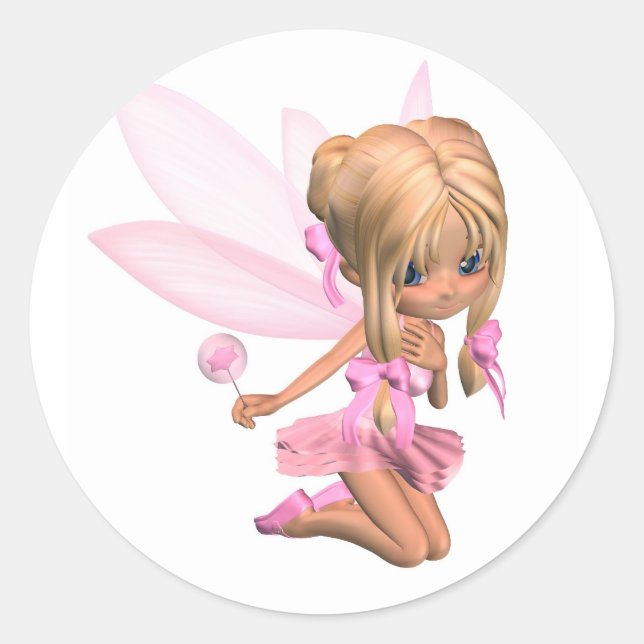 Cute Toon Ballerina Fairy in Pink - kneeling Classic Round Sticker (Front)