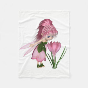 Cute Toon Pink Crocus Fairy, Standing by a Flower Fleece Blanket