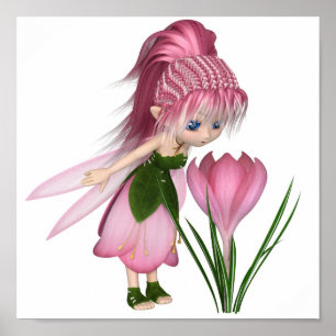 Cute Toon Pink Crocus Fairy, Standing by a Flower Poster