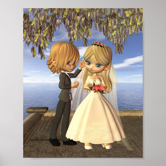 Cute Toon Wedding Couple on a Seaside Balcony Poster (Front)