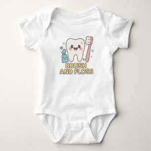Cute Tooth Cartoon - Brush and Floss Dental Hygien Baby Bodysuit