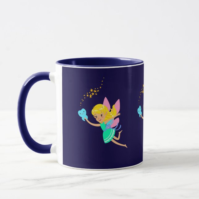 Cute Tooth Fairy Flying With A Tooth And Stars. Mug (Left)