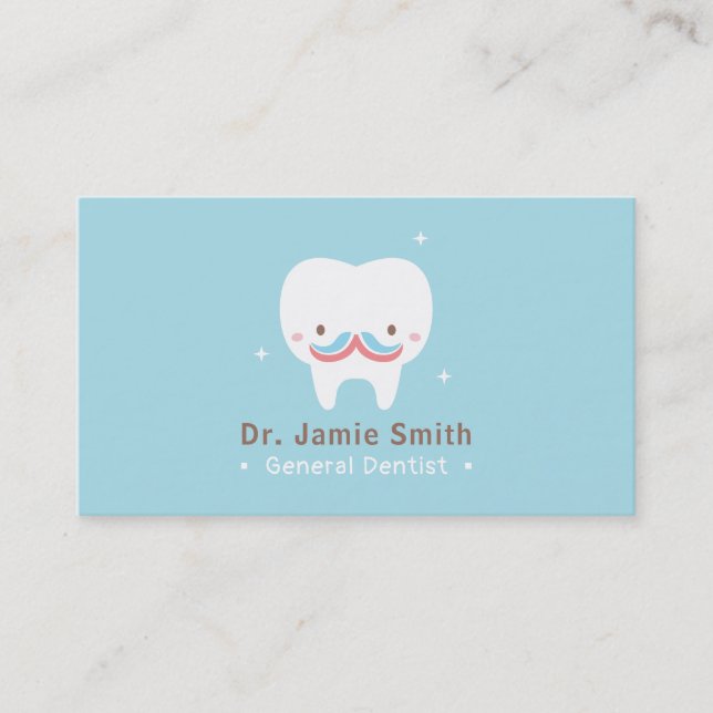 Cute Tooth Moustache Dentist Business Cards (Front)