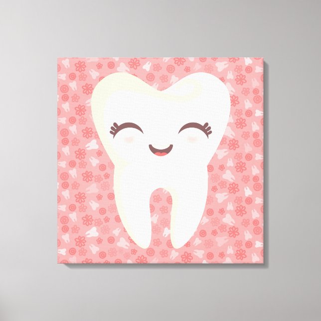 Cute Tooth on Pink Pattern - Stretched Canvas Art (Front)