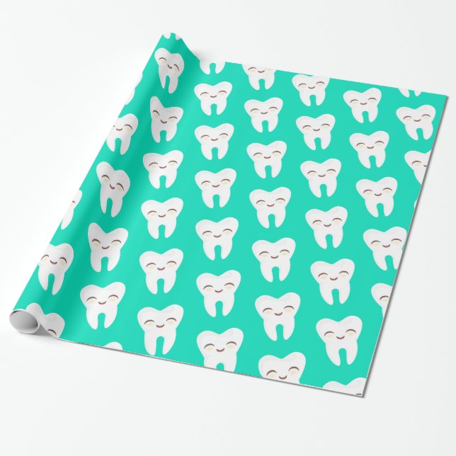 Cute Tooth Pattern on Teal Wrapping Paper (Unrolled)