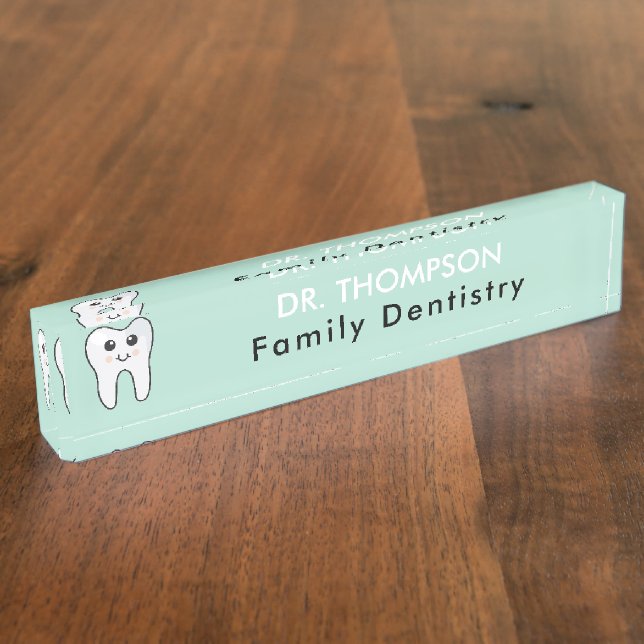 Cute Tooth Teal Mint Dentist Doctor Nameplate (Side)