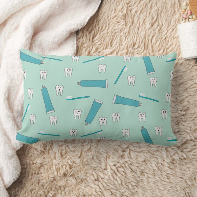 Cute Tooth Teal Mint Toothpaste Toothbrush Pattern Lumbar Pillow (Blanket)