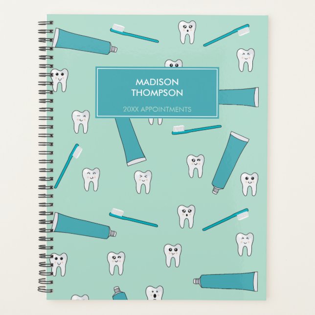 Cute Tooth Teal Mint Toothpaste Toothbrush Pattern Planner (Front)